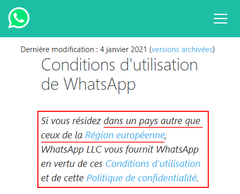 Conditions Utilisation Whatsapp RGPD Europe